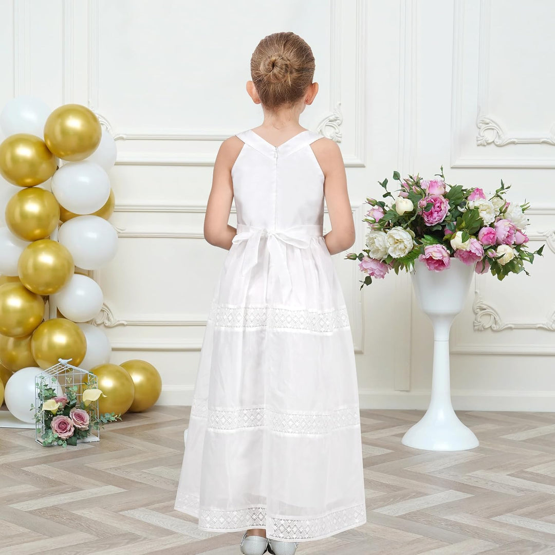 Sunny Fashion Mädchen Kleid Blume Schnüren Saum Hochzeit Erstkommunion Gr. 110-158 122 Weisser Spitz