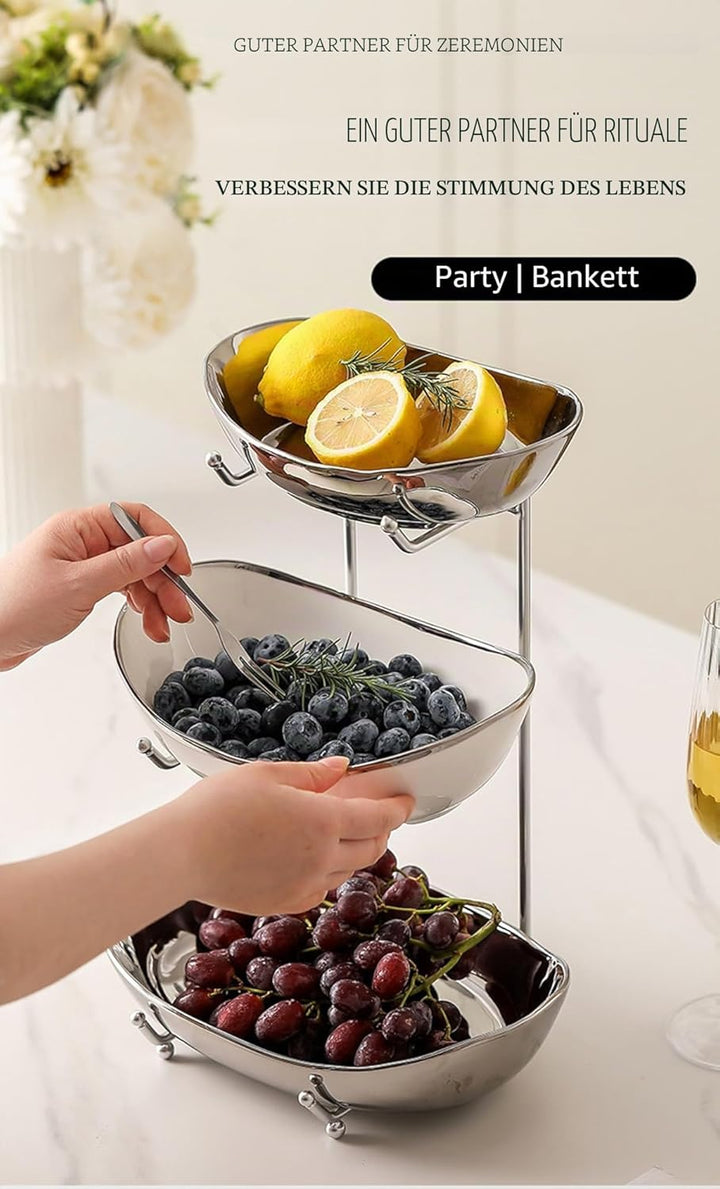 XUDREZ Obst Etagere mit 3 Etagen Obstschalen aus Keramik, Platzsparendes Obstkorb Etagere für die Fa