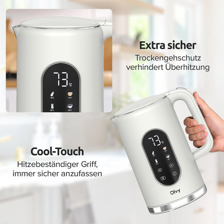 Olvy Elektrischer Wasserkocher 1,7L mit Temperaturkontrolle – Schnellkochender Edelstahl Heisswasser