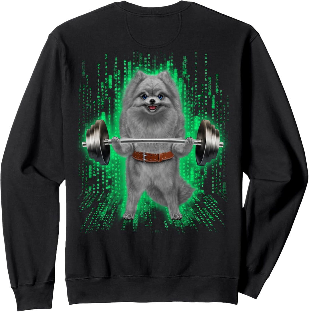 Pommerscher Hund, der Gewichte im Cyber-Fitnessstudio hebt Sweatshirt