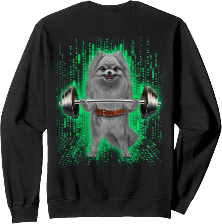 Pommerscher Hund, der Gewichte im Cyber-Fitnessstudio hebt Sweatshirt