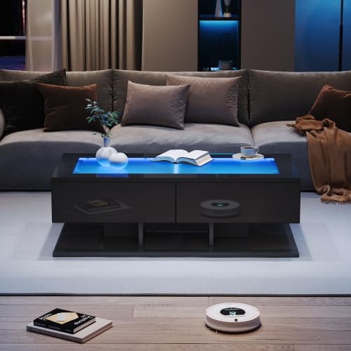 Merax Couchtisch 100 * 50 * 35cm, Hochglanz Sofatisch, Wohnzimmertisch mit Schubladen, Kaffeetisch m