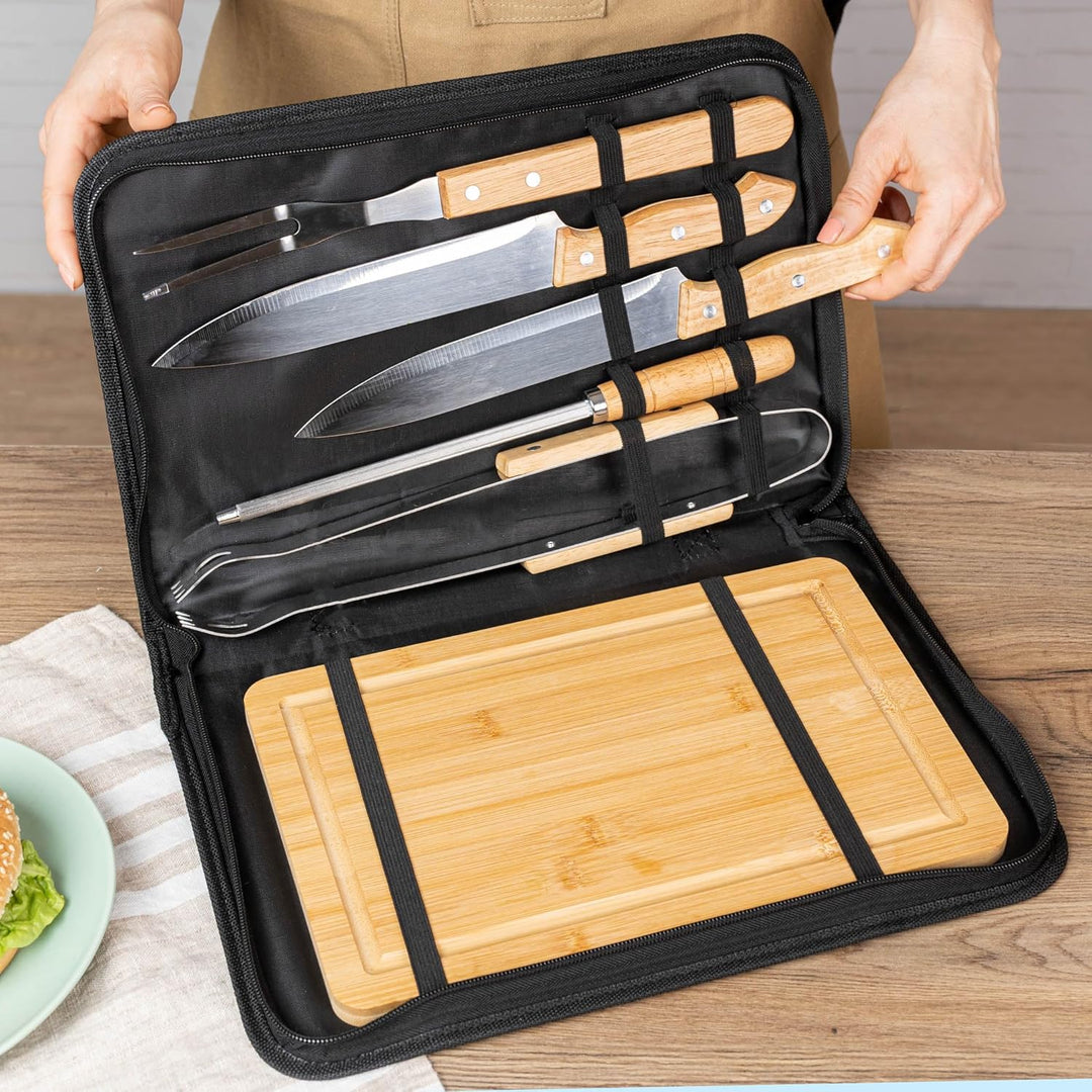 Wanapix | Personalisiertes BBQ-Set | Enthält 6 Ubehörteile (2 Messer, Schärfer, Tranchiermesser,Zang