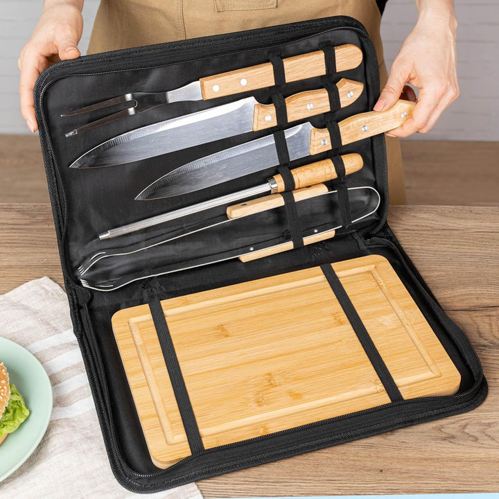 Wanapix | Personalisiertes BBQ-Set | Enthält 6 Ubehörteile (2 Messer, Schärfer, Tranchiermesser,Zang