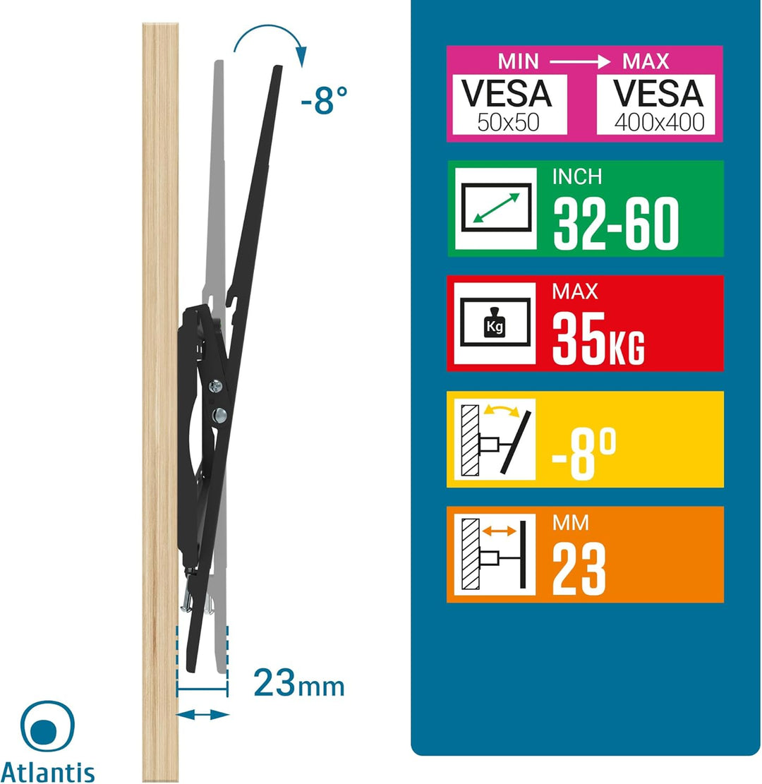 Atlantis P022-286ST TV-Wandhalterung neigbar, Wandhalterung für Fernseher von 32 bis 60 Zoll, max. 3
