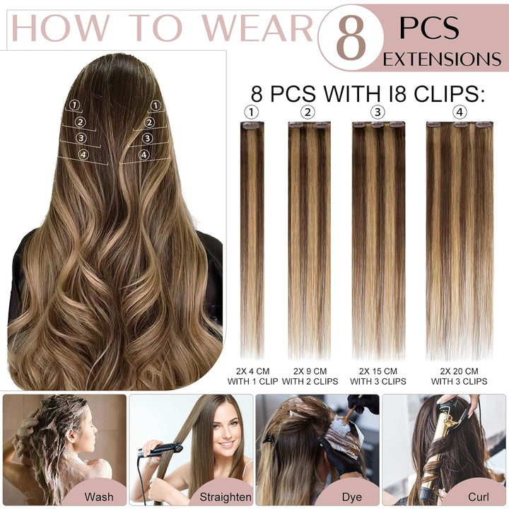 SEGO Clip in Extensions Echthaar Haarverlängerung Haarteil 8 Tressen leicht hitzebeständig glatt Mit