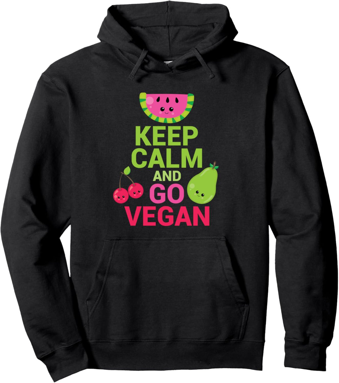 Colorful, Funny & Cute Kawaii Fruit - Keep Calm and Go Vegan Pullover Hoodie