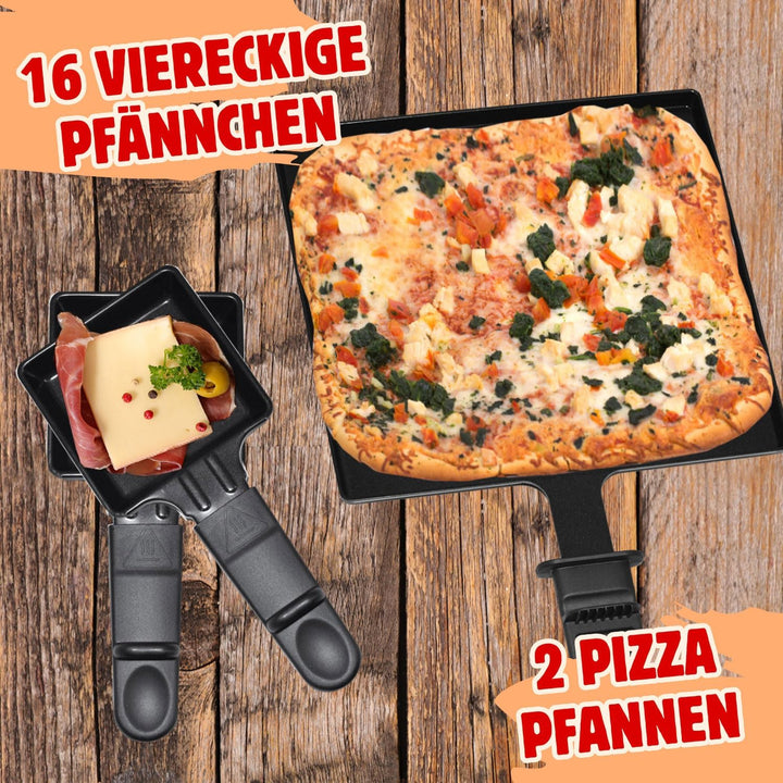 Syntrox Raclette Grill 16 Personen mit Pizzagrill, 16 Pfännchen Emailliert, Edelstahl Tischgrill für