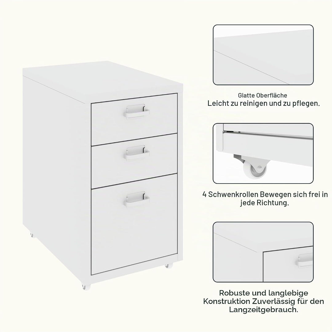 FLEXISPOT Rollcontainer Büroschrank mit 3 Schubladen, Aktenschrank Metallschrank Kommode mit Rädern,
