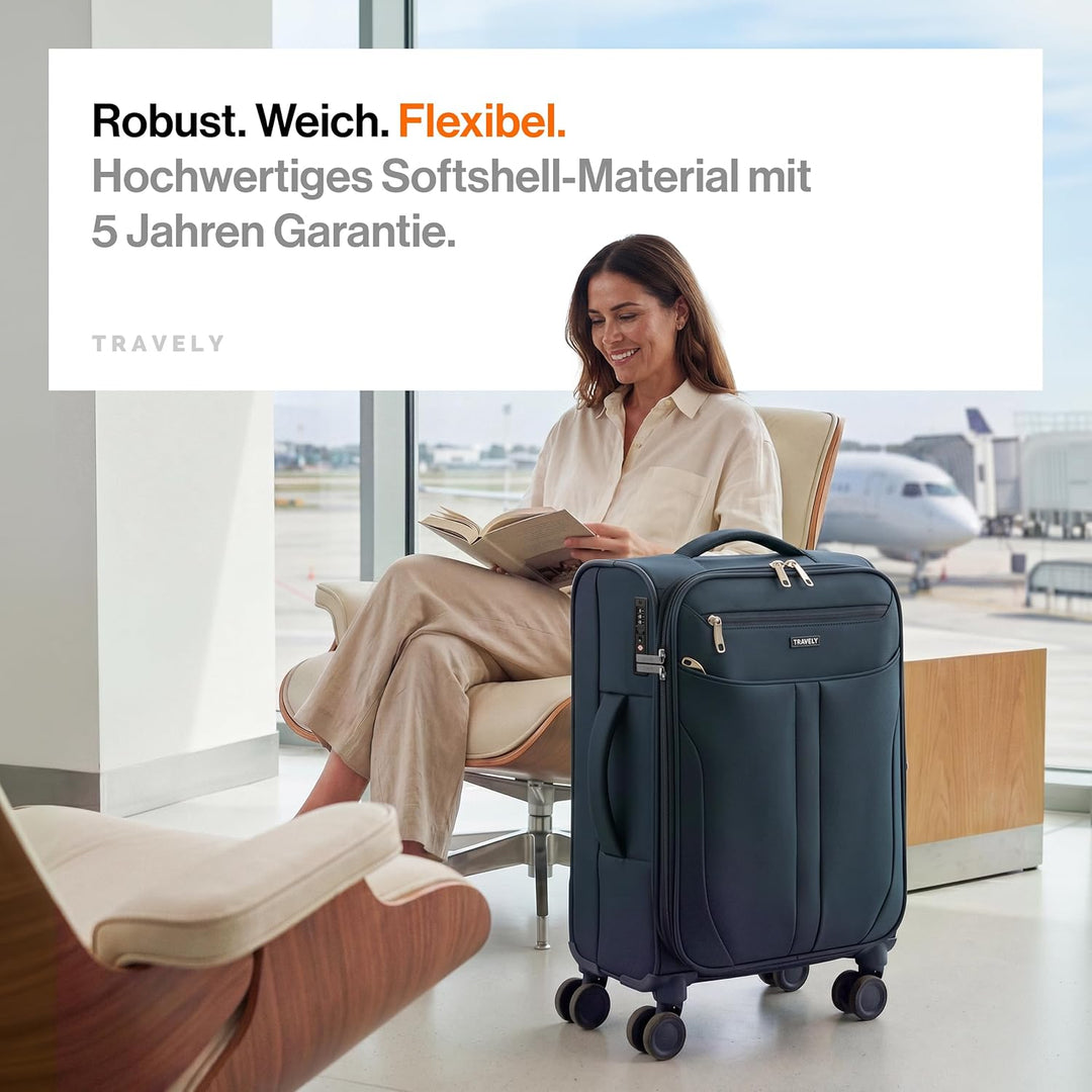Travely Stoffkoffer M - Handgepäck Koffer mit Laptopfach bis 15,6", Koffer mit 4 Rollen und TSA Zahl