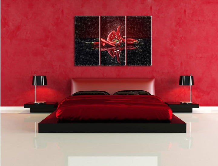 Pixxprint Feurige rote Chili-Schoten als Leinwandbild/Grösse: 3 Teilig (120x80 cm) cm/Wandbild/Kunst