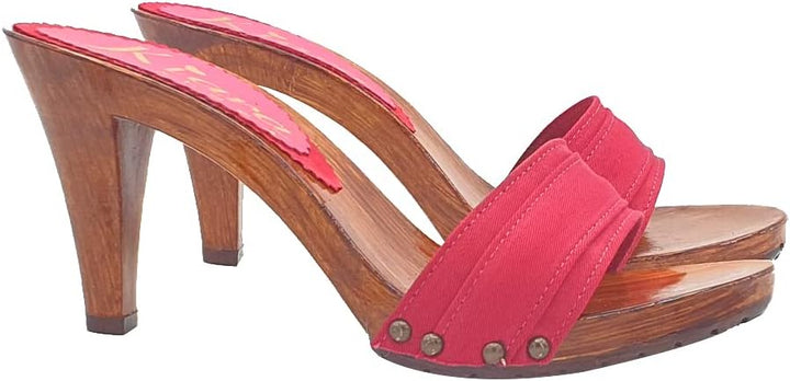 Kiara Shoes Holzeffeckt Clogs mit doppeltem rotem Band hoher Absatz 9 cm - K6101 AMARANTA (41 EU, RO