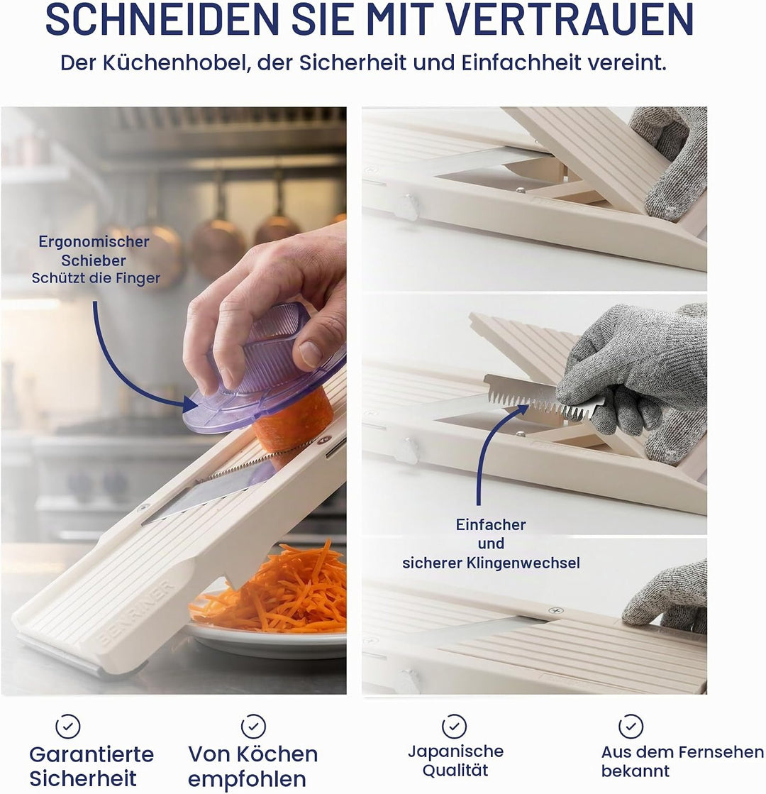 Benriner – japanischer Gemüsehobel Premium 64 mm + Sicherheitsschieber 65 mm – ABS + Edelstahl – sch