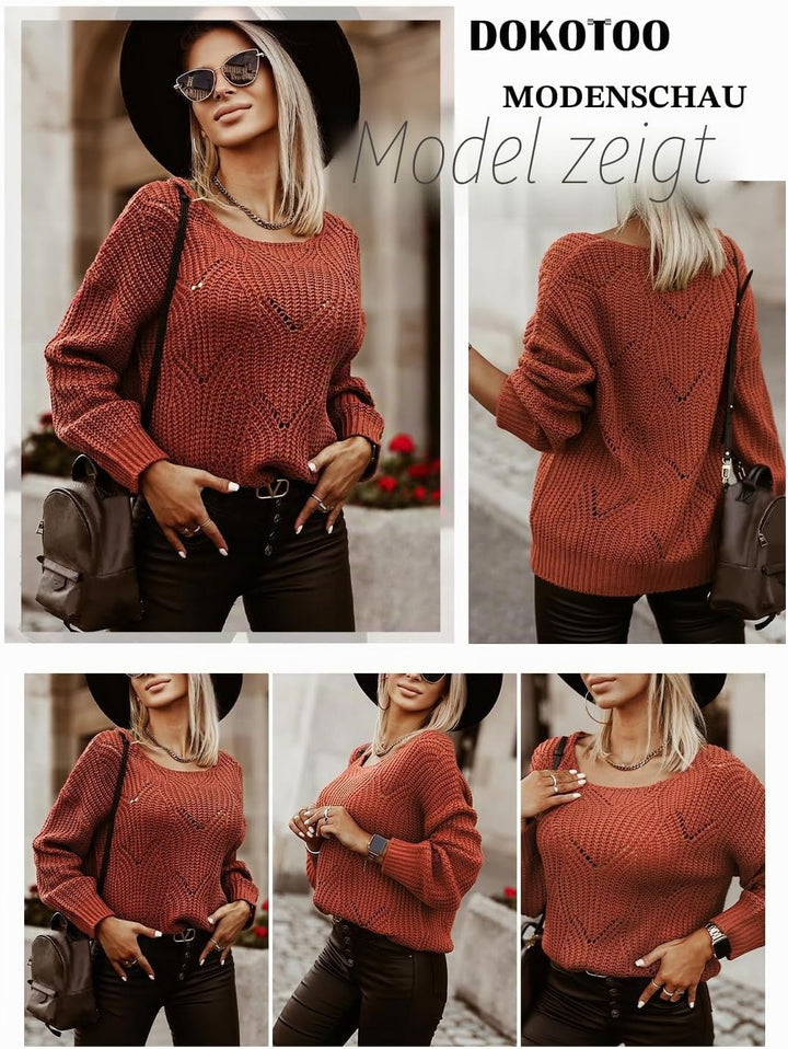 Dokotoo Damen Strickpullover Elegant Rundhals Pullover Herbst Winter Einfarbiger Pulli Oberteil Swea