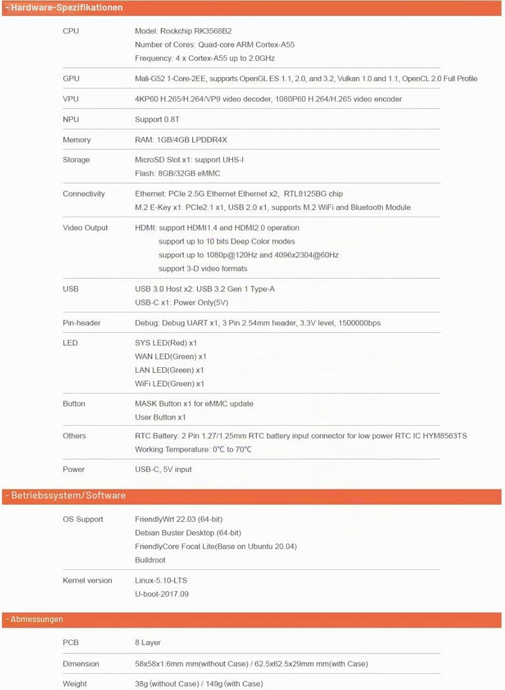 Nanopi R5C Wireless Mini WiFi Router OpenWRT mit Rockchip RK3568B2 Soc 0.8T NPU Onboard Dual PCIe 2.