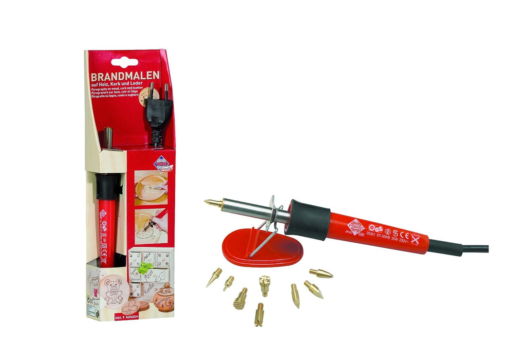 GLOREX 6 1671 001 - Pebaro Brandmalkolben mit 9 Aufsätzen aus Messing, mit Auflageböckchen, Stromans