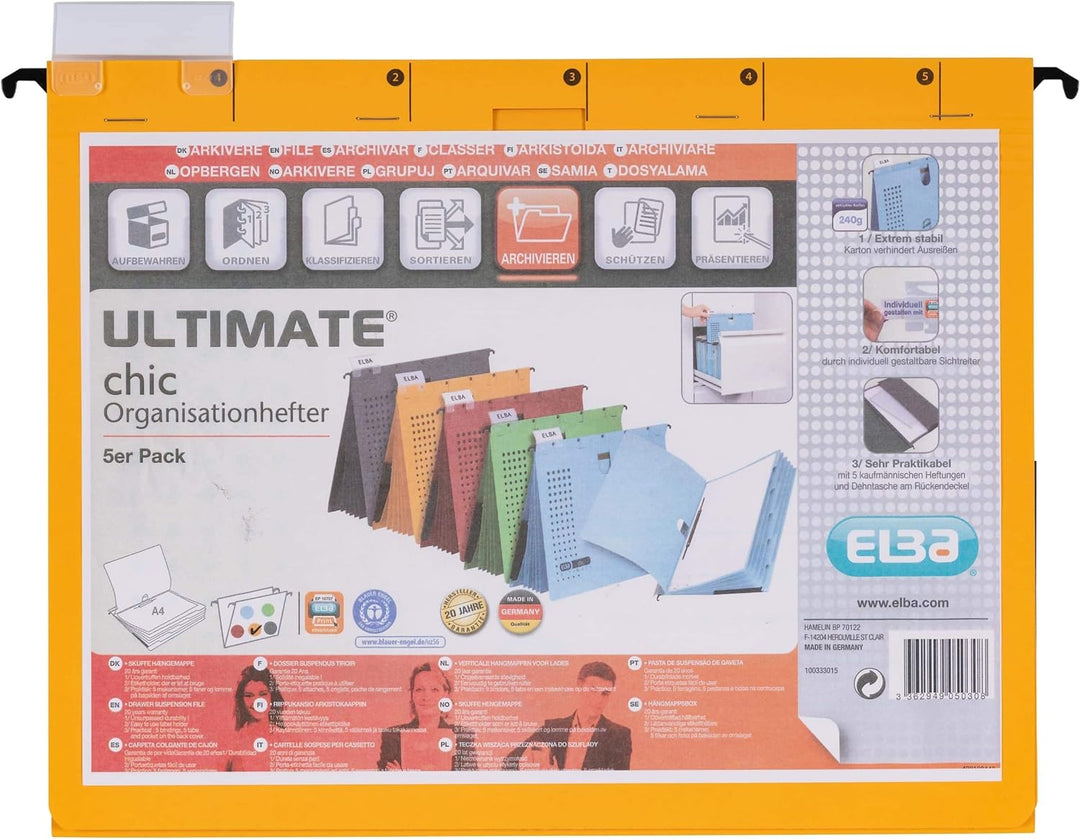 Elba Mehrfach-Hängehefter chic, für A4, aus Karton, gelb, 5 Stück gelb Organisationshefter chic ULTI