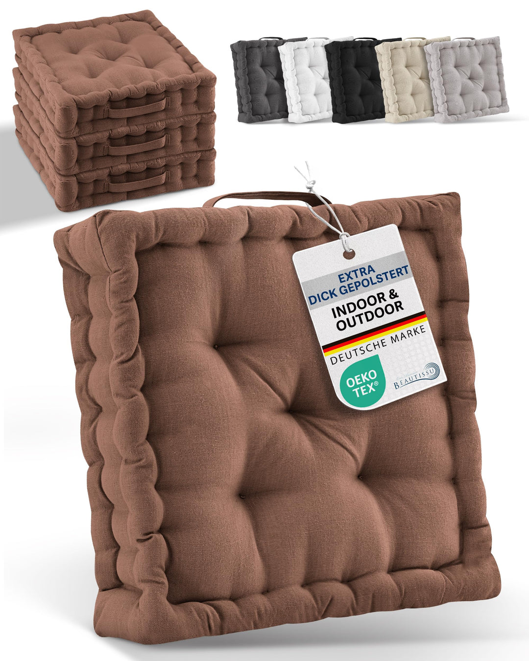 Beautissu 2er Set Bodenkissen Sitzkissen 50x50 cm - Dickes Matratzenkissen 10cm - 100% Baumwolle Stu
