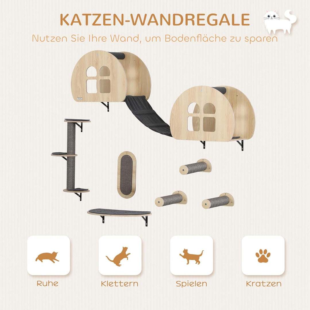 PawHut Kletterwand Katzen 7-teilig Katzenkletterwand Set mit Sisalpfostenleiter Plattform Katzen Wan