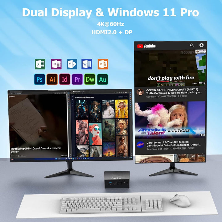 AWOW Mini PC Wi-11 Pro Gen12 N100 Quad Core 3.40GHz, 8GB DDR5 4800MHz 512GB M.2 SSD Mini Desktop Com