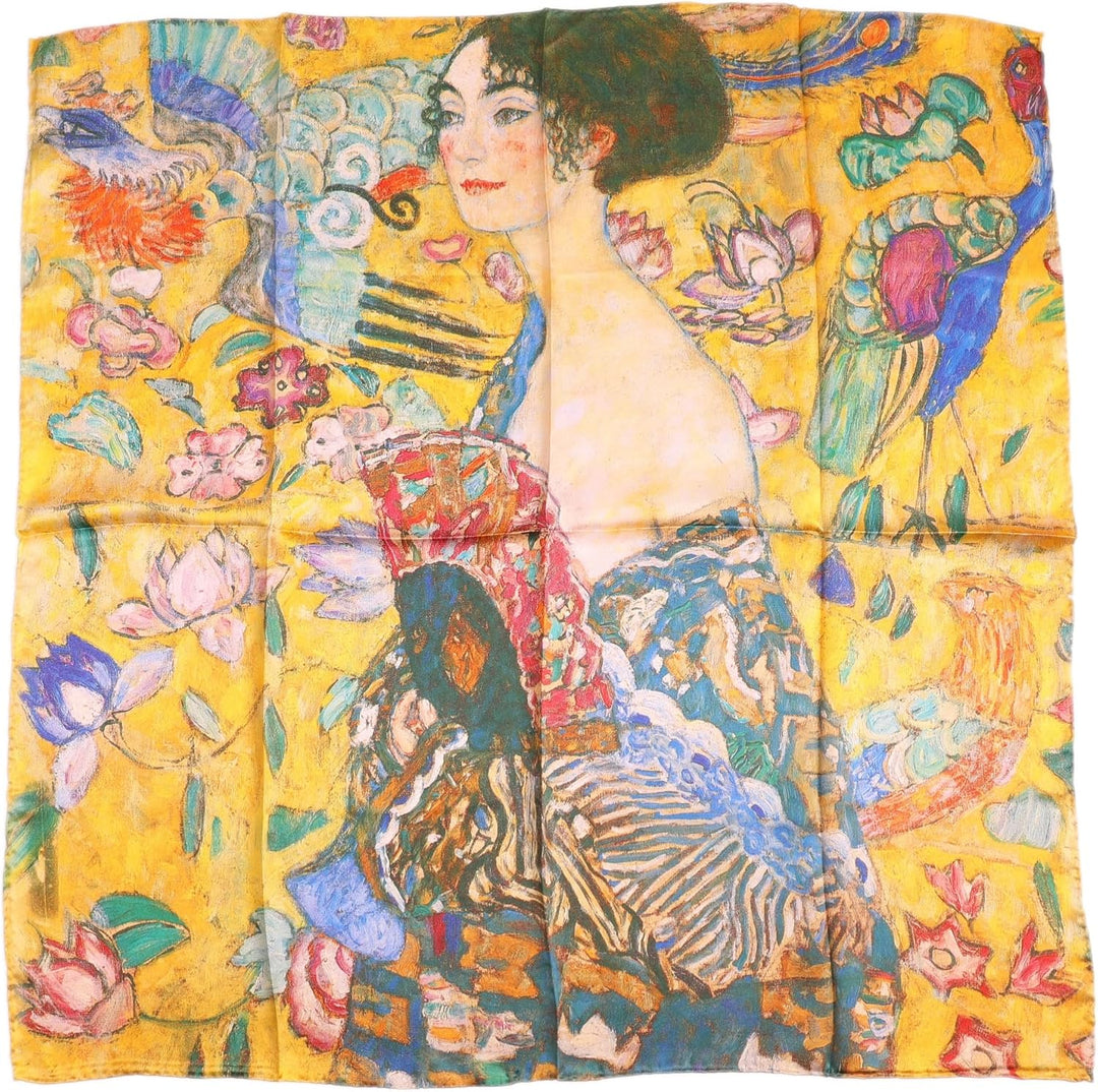 Prettystern Gustav Klimt Seiden-tuch Jugendstil buntes Kunstdrucke, 90 cm X 90 cm Dame mit F&#xE4;ch