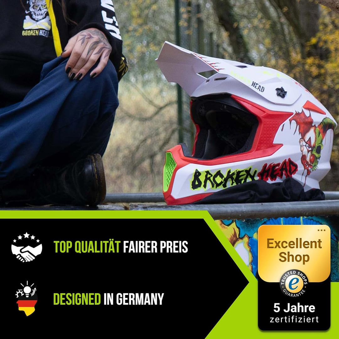 Broken Head FreakZone Motocross-Helm Weiss-Grün-Rot matt – Cross-Helm – MX – Quad – Supermoto M 57-5