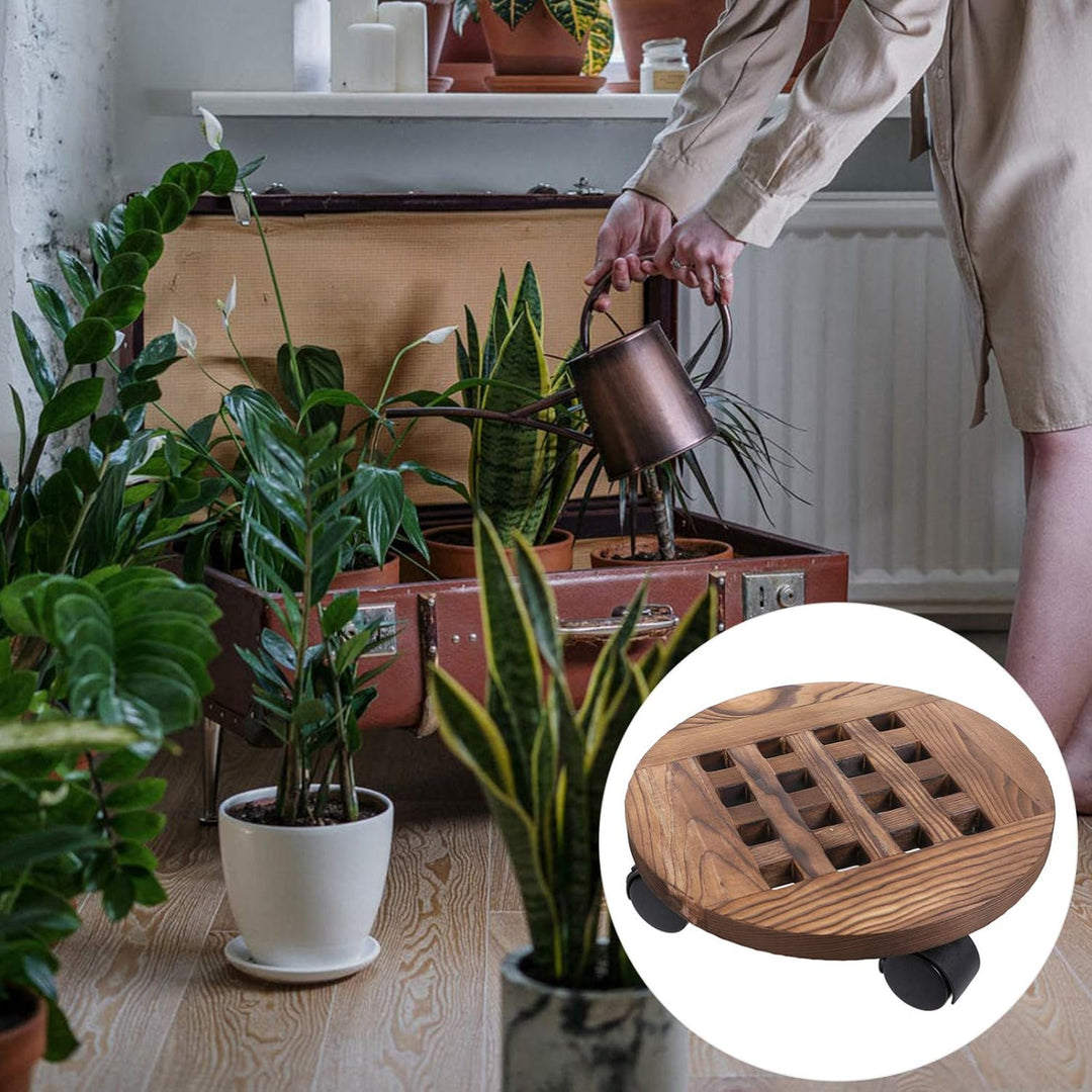 BESTonZON Pflanzenroller Holz Blumentopf Gefässroller Rund 30 cm Blumenroller Pflanzenuntersetzer Ro