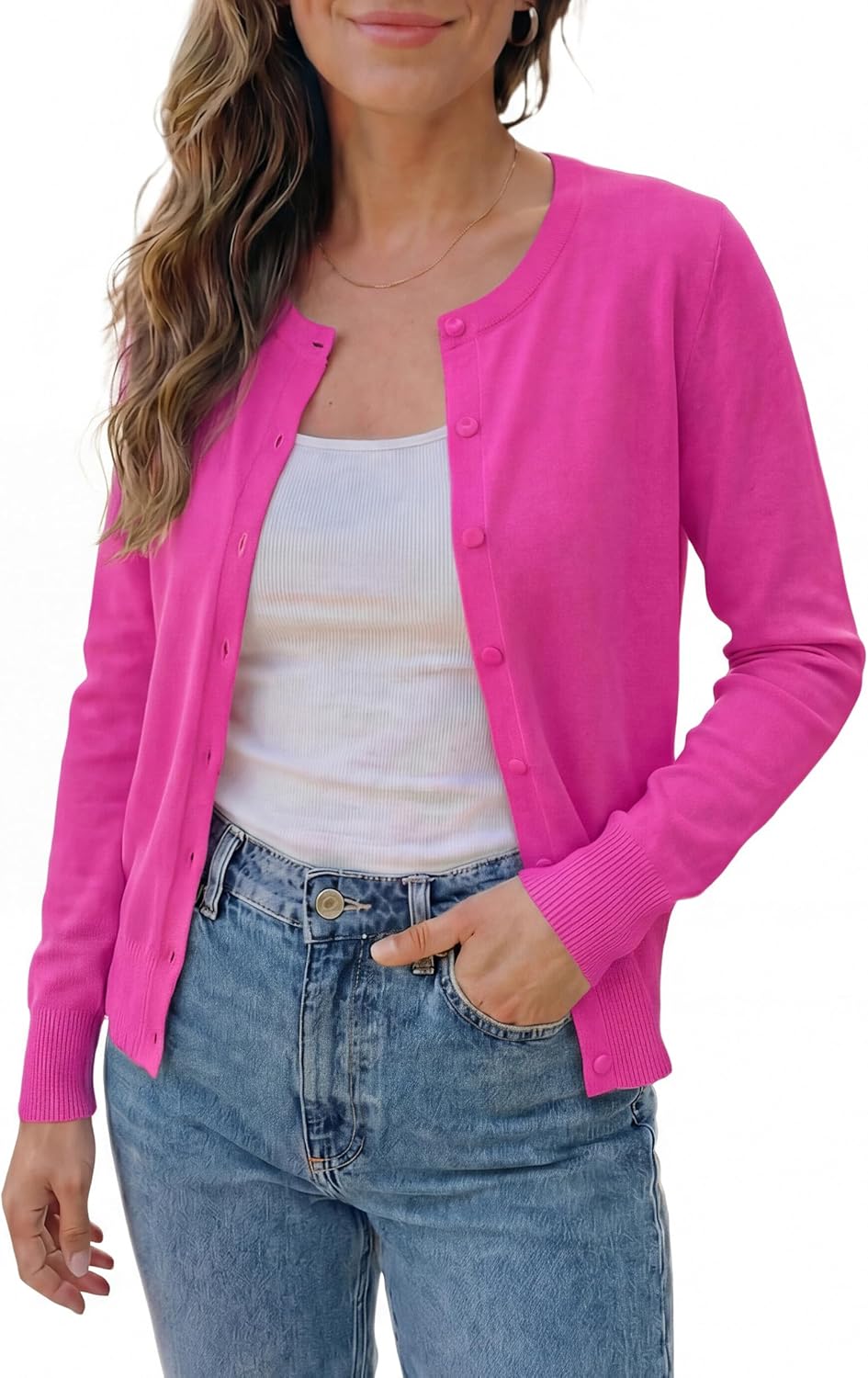 VOTEPRETTY Leichter Strickjacke Damen Cardigan Kurzarm/Langarm Sommer Solid Top Langarm M Rosarot, L