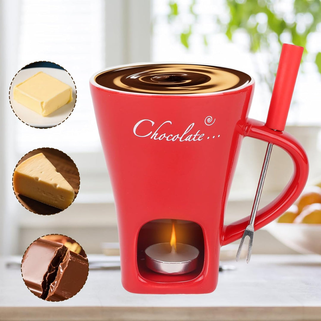 Schokoladenfondue-Becher-Set, Keramik Mini Fonduetopf mit Gabel und Kerzenwärmer Schokoladenschmelzb