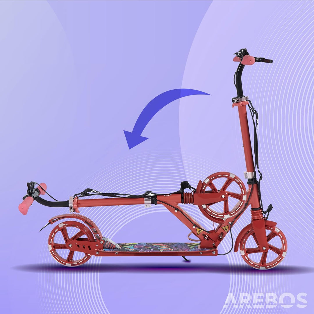 Arebos Cityroller Tretroller mit LED | höhenverstellbar | klappbar | inkl. Tragegurt | Hand- & Tritt