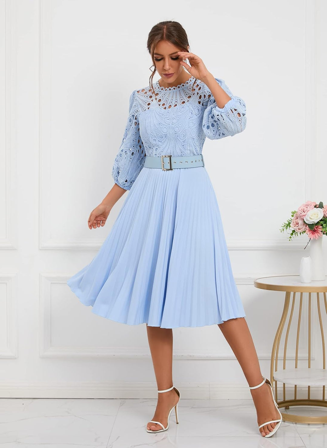 IWFEV Spitzenkleid, plissiert, Puffärmel, wadenlang, kurze Ärmel, Midi-Kleid, hohles Party-Abendklei