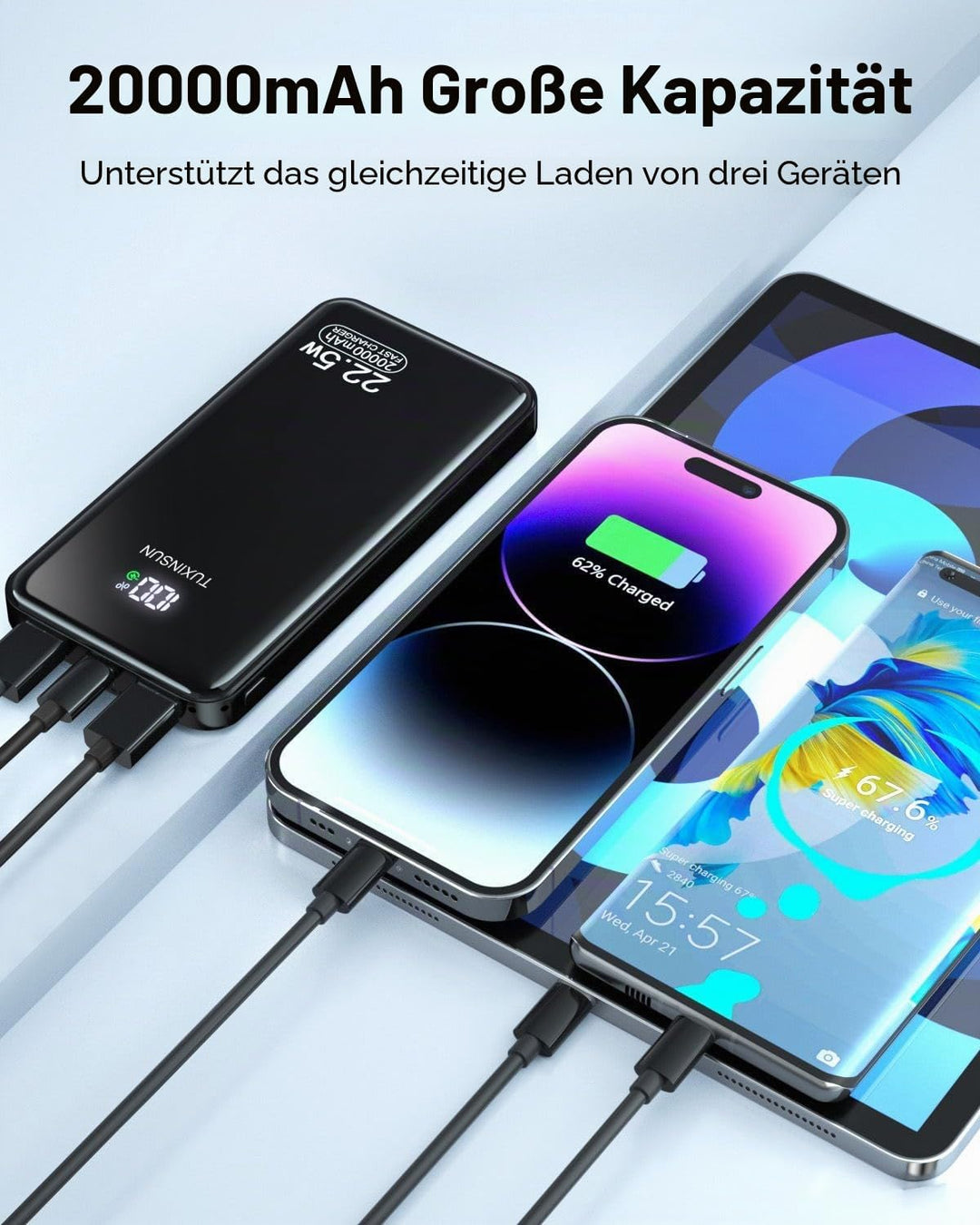 Power Bank 20000 mAh 22.5 W PD3.0 QC4.0 Externer Handyakku PD20W Schnellladen Powerbank mit LCD-Disp