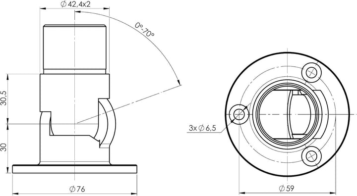 Wandflansch Edelstahl Rohr 42,4x2,0 mm mit Gelenk 0-70 Grad Edelstahlrohr Steckfitting Wand Wandhalt