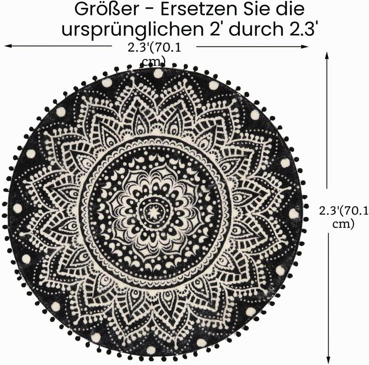 Uphome Kleiner runder Teppich, 5,8 cm, schwarz, Mandala, Boho, Badezimmerteppiche mit Pompons, Frans