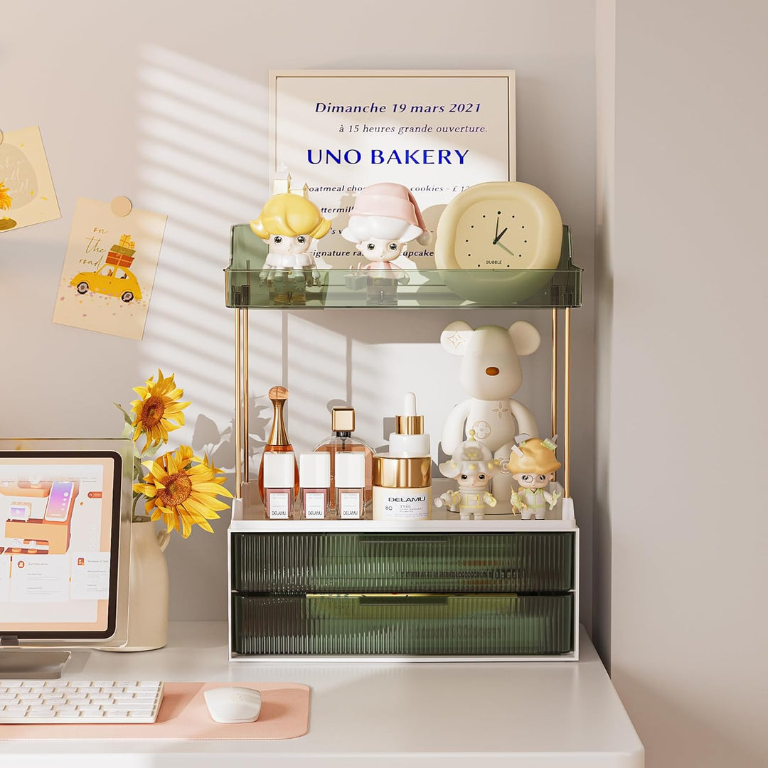 Delamu Make Up Organizer mit 2 Schubladen, 2 Etagen Kosmetik Organizer, Multifunktions Grösser Kosme