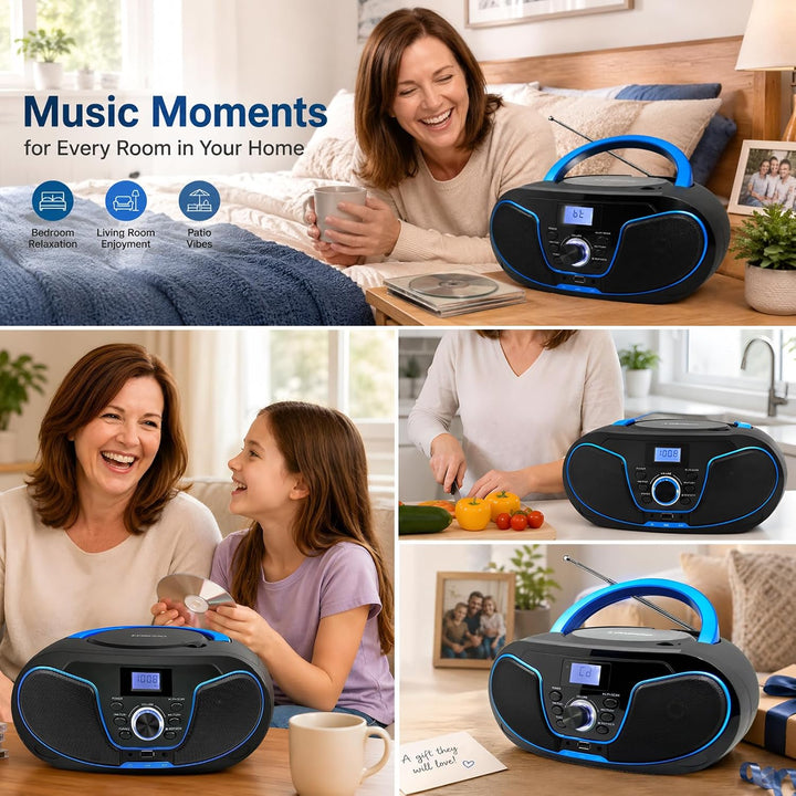 Tragbar CD Player Boombox Bluetooth - mit UKW Radio, USB Eingang &amp; AUX &amp; Kopfhörern Ports, 2 x 2 Wat