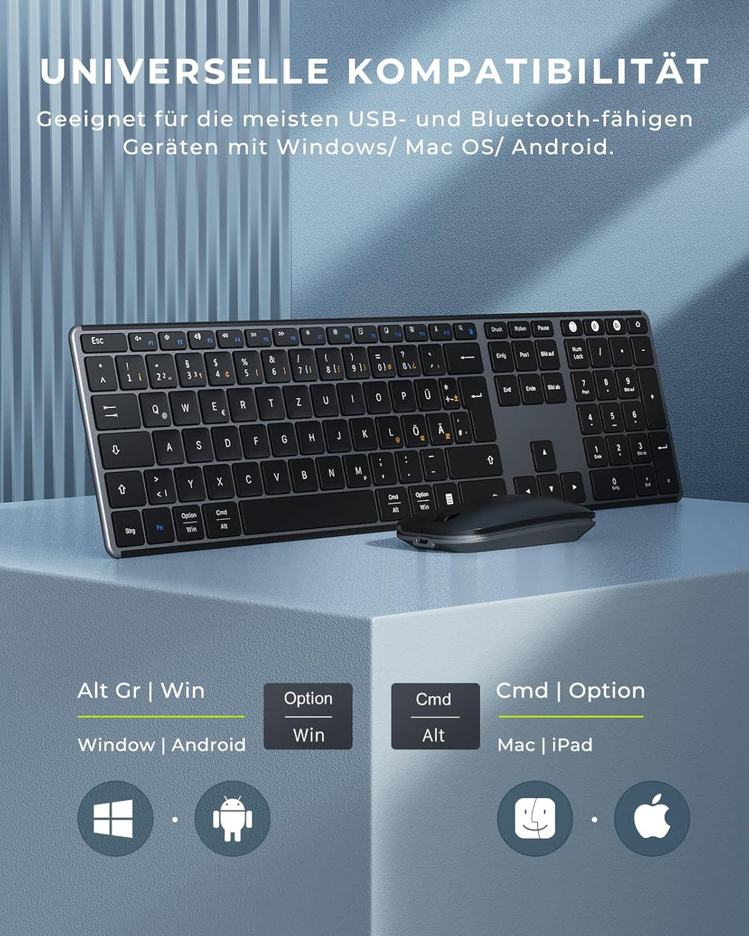 seenda SKM64-3 Bluetooth Tastatur mit Maus, Wiederaufladbare Dualmodus USB & Bluetooth Tastatur aus
