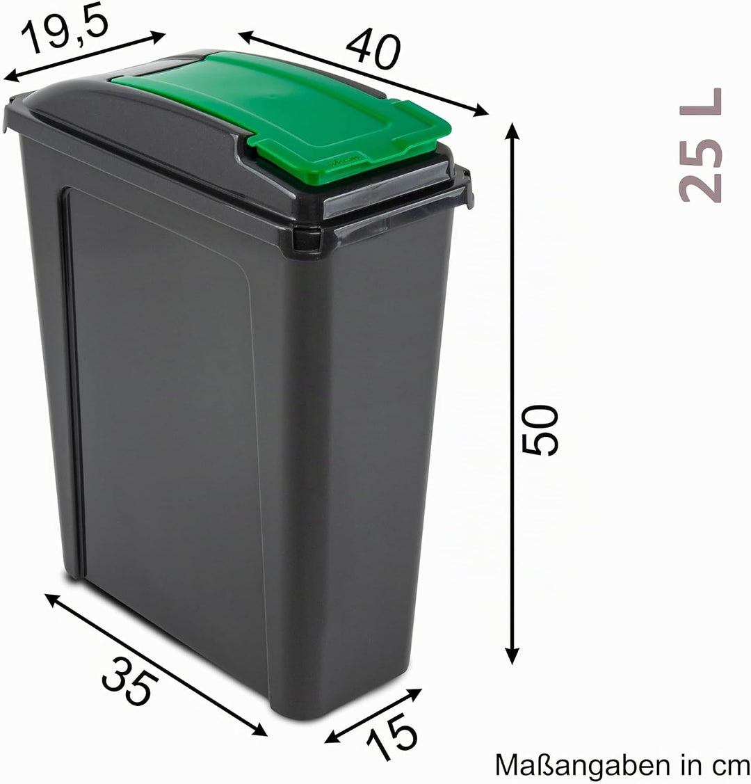 Mülltonne 25 Liter Schwarz-Grün, Mülleimer Küche, Mülltrennsystem, Abfalleimer Küche, Trash Bin, Mis