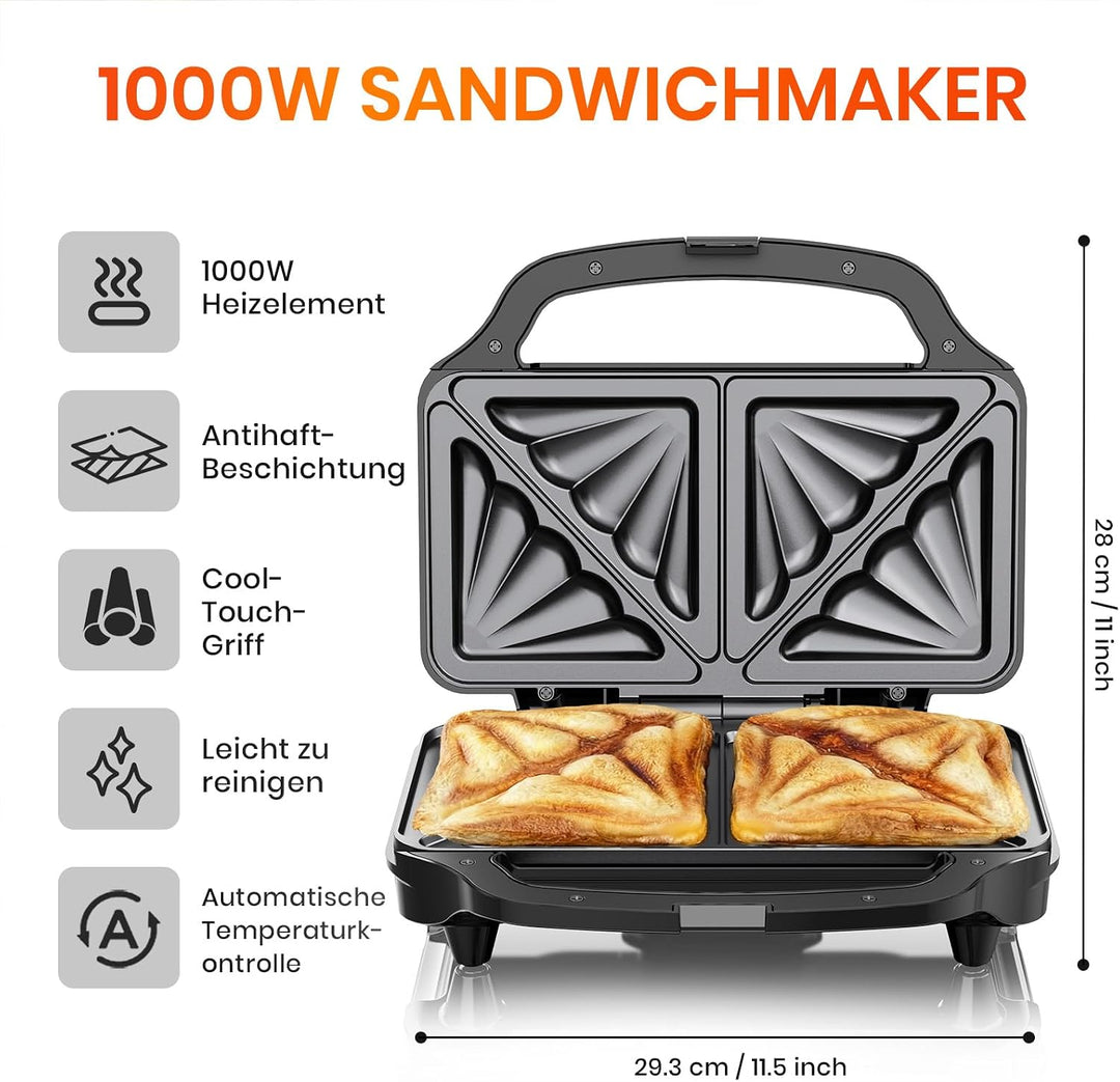 Sandwichmaker 1000W Sandwichtoaster Kontaktgrill Sandwich Grill | Mit Antihaftbeschichtung Schnelle