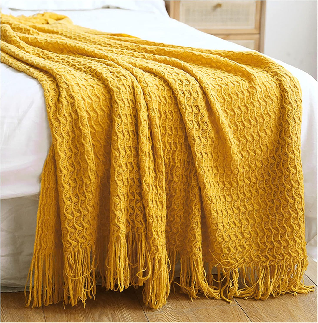 LumiSyne Zellulare Strickdecke Mit Quaste Einfarbige Zartes Hohlen Webmuster Weich Atmungsaktiv Sofa