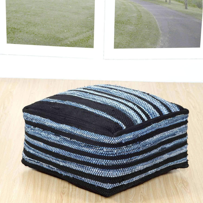 Homescapes handgewobener Sitzpouf - Sitzkissen in Blau, Streifen Flicken, Jeans/Jeans und Leder, Tex