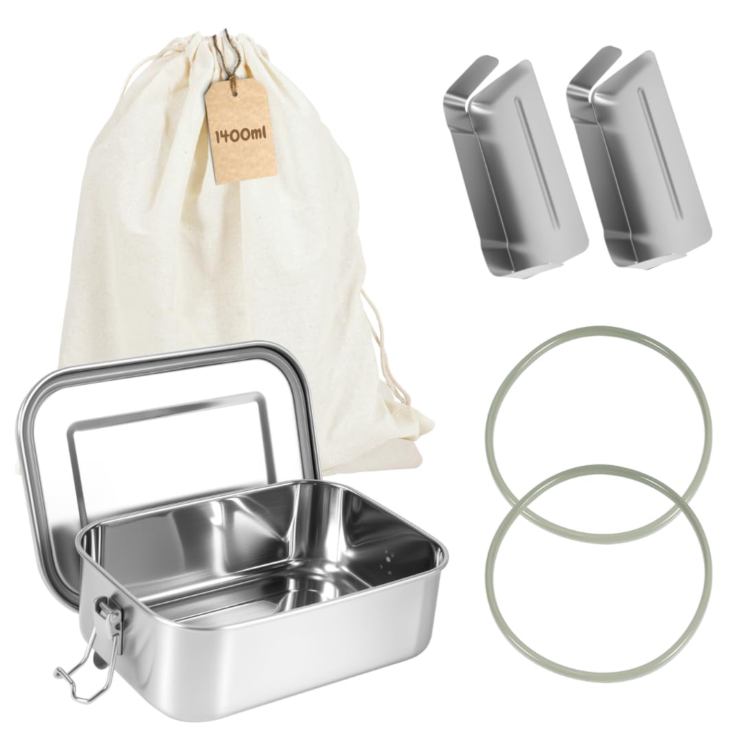 Brotdose Edelstahl 1400ml gross mit 2 Trennwänden, Auslaufsichere Lunchbox für Arbeit, Schule & Outd
