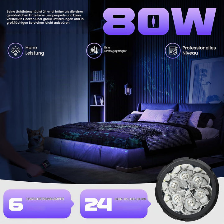 DARKBEAM UV Taschenlampe Schwarzlicht 395nm, 6xLED [4-Core] Taschenlampen Ultraviolett Aufladbar 80W