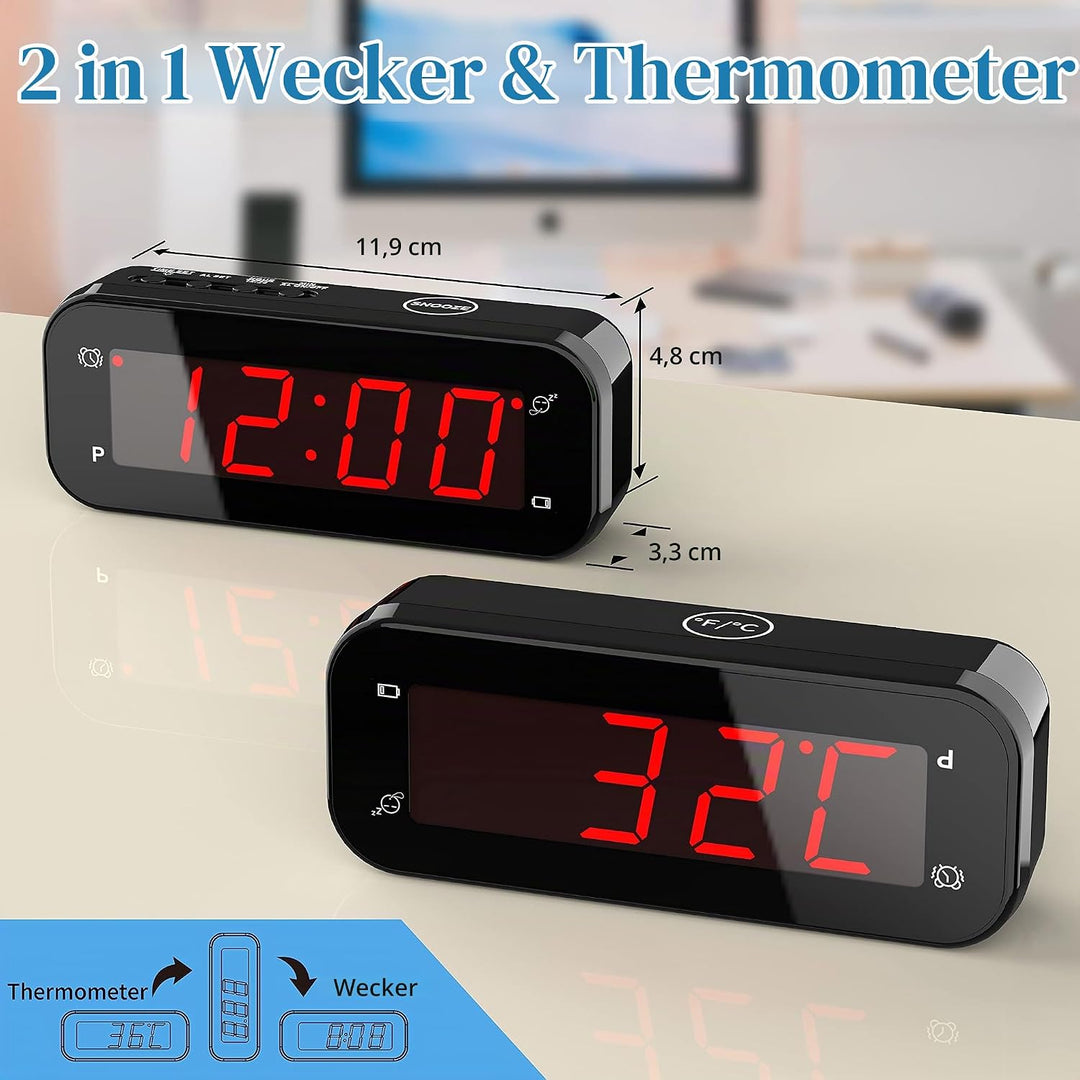 KWANWA Digitaler Reisewecker mit Temperaturanzeige – Batteriebetrieben, 3-stufige Helligkeit/Snooze/