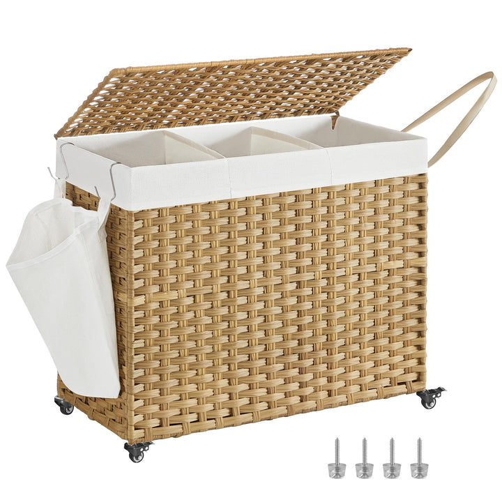 SONGMICS Wäschekorb mit Deckel, 160 L, Wäschesammler 3 Fächer, Wäschesortierer mit Rollen, in Rattan
