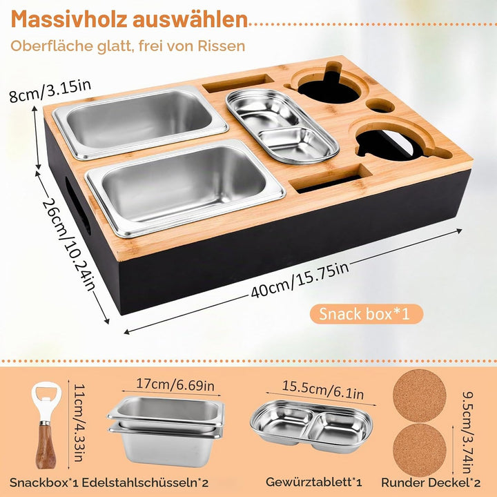 Couchbar Snackbox-Sofatablett Mit 2 Edelstahlschalen &amp; Gewürzschale,Sofa Tablett,Abnehmbarer Magnet-