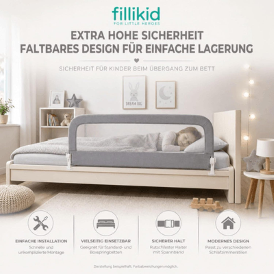 Fillikid Bettschutzgitter Exclusiv | Rausfallschutz Kinder 150 cm x 60 cm | Kinder-Bettgitter rutsch