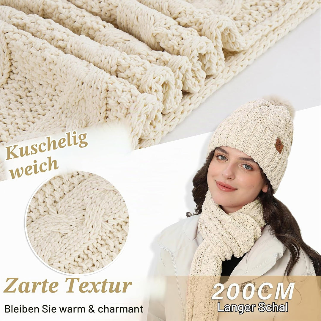 ZASFOU Damen Winter Mütze Schal Touchscreen Handschuhe Set Thermo Chenille Strickmütze Beanie Winter