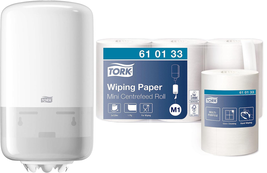 Tork Mini-Papierhandtuchspender mit Zentraleinzug zur Wandmontage + Nachfüllpackung - M1 - Mehrzweck