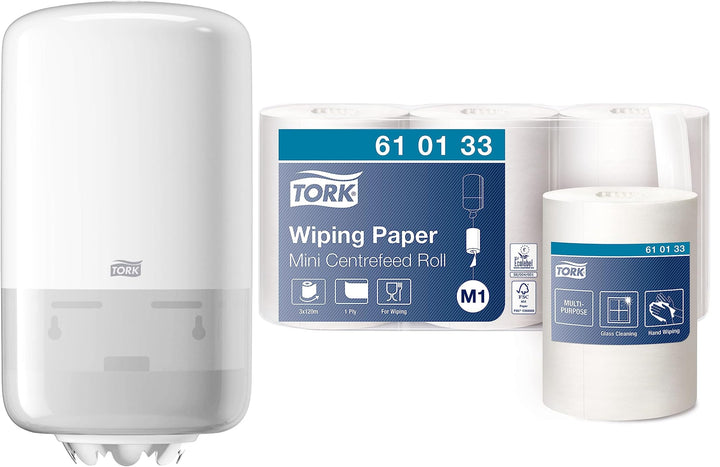 Tork Mini-Papierhandtuchspender mit Zentraleinzug zur Wandmontage + Nachfüllpackung - M1 - Mehrzweck